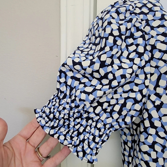 Draper James Patsy Dress In Square Geo Blue Cream Ruffled Sleeves Tie Front Sz 6 - Picture 7 of 13